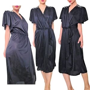 Vintage 70s Lizzy&Johnny Black Wrap Sequin Disco Dolman Sleeve Midi Dress Size M